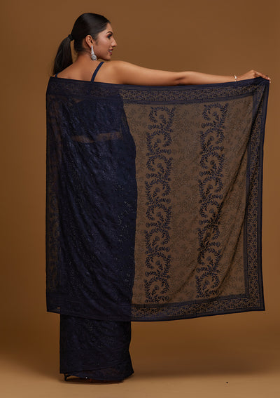 Navy Blue Threadwork Georgette Designer Saree - Koskii