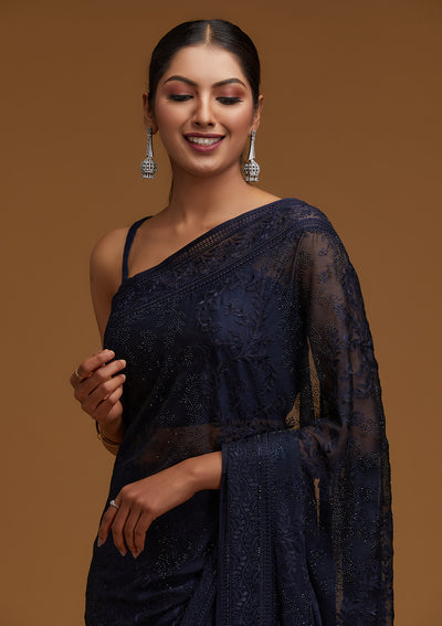 Navy Blue Threadwork Georgette Designer Saree - Koskii