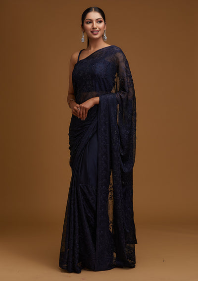 Navy Blue Threadwork Georgette Designer Saree - Koskii