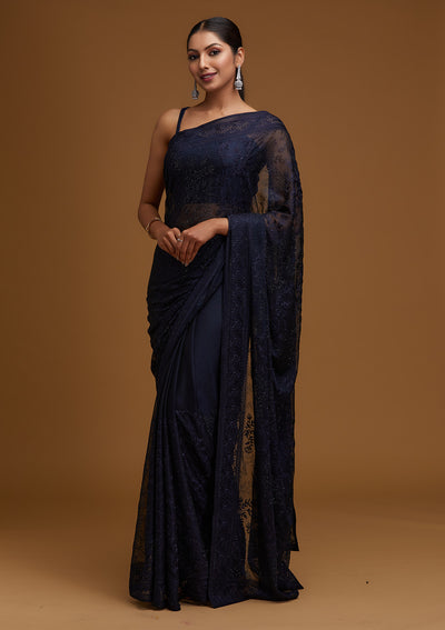 Navy Blue Threadwork Georgette Designer Saree - Koskii