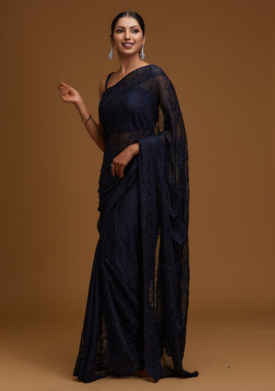Navy Blue Threadwork Georgette Designer Saree - Koskii