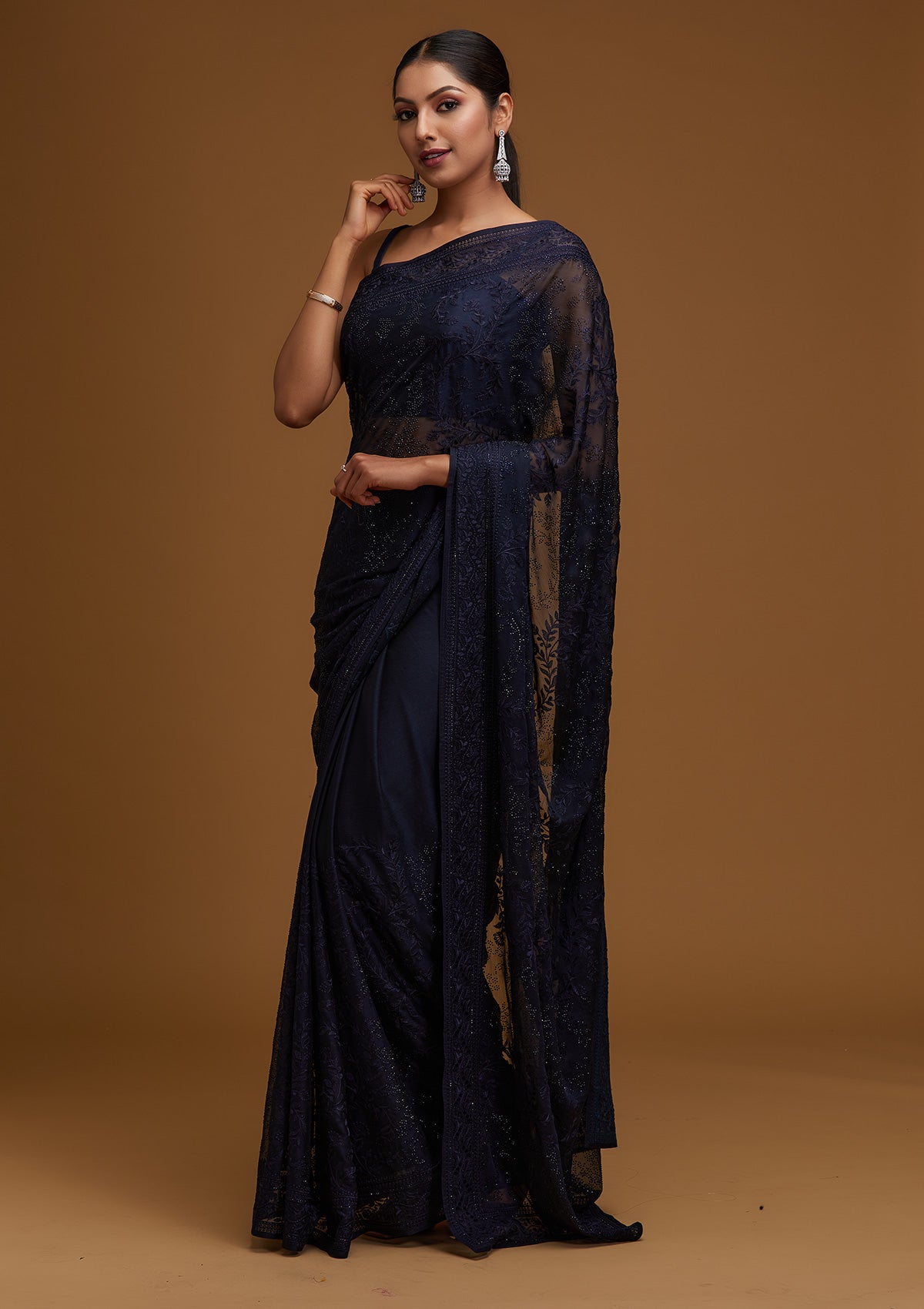 Navy Blue Threadwork Georgette Designer Saree - Koskii