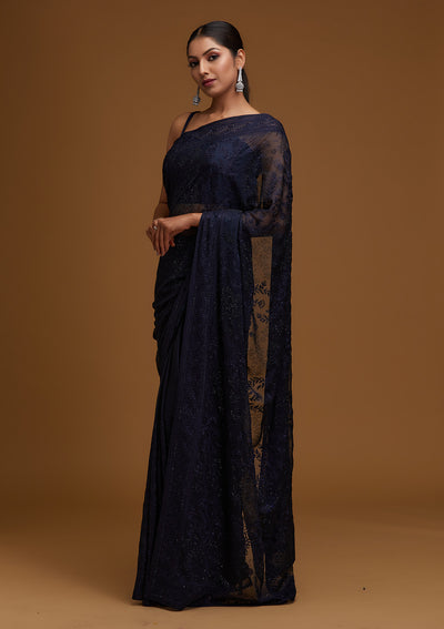 Navy Blue Threadwork Georgette Designer Saree - Koskii