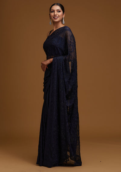 Navy Blue Threadwork Georgette Designer Saree - Koskii
