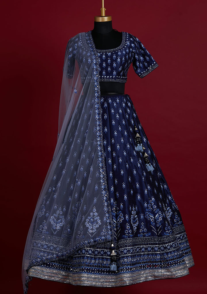 Navy Blue Threadwork Raw Silk Designer Lehenga - koskii