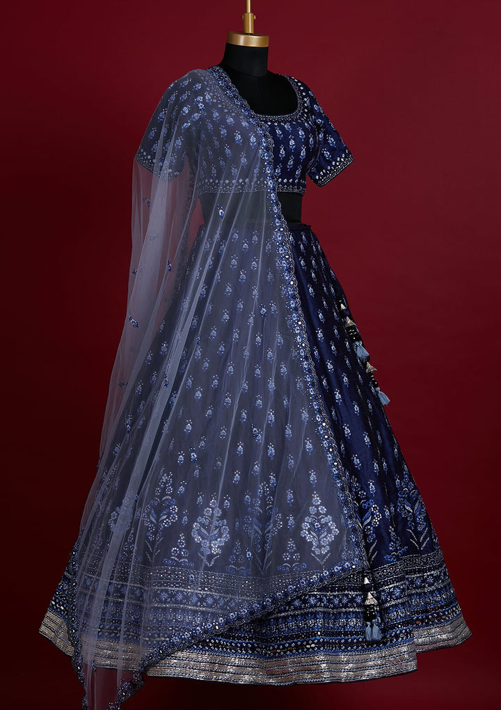 Navy Blue Threadwork Raw Silk Designer Lehenga - koskii