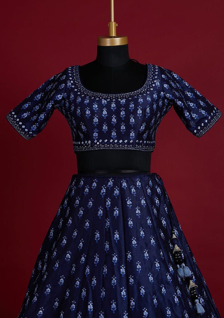 Navy Blue Threadwork Raw Silk Designer Lehenga - koskii