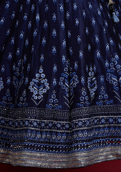 Navy Blue Threadwork Raw Silk Designer Lehenga - koskii