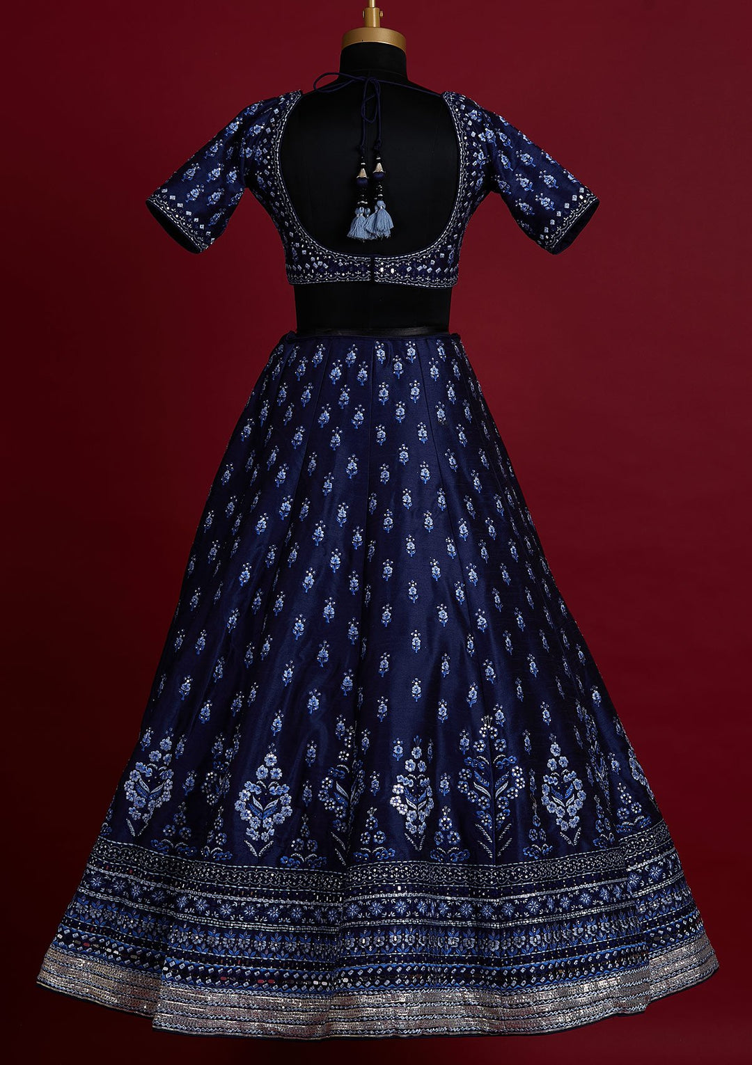 Navy Blue Threadwork Raw Silk Designer Lehenga - koskii