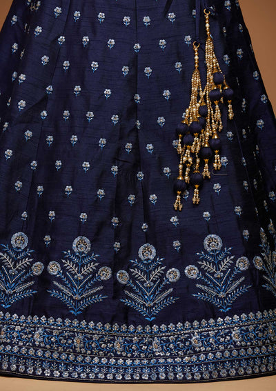 Navy Blue Threadwork Raw Silk Designer Lehenga-Koskii