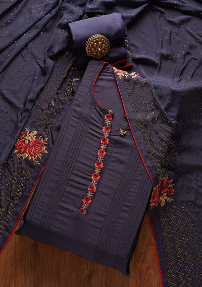 Navy Blue Threadwork Semi Crepe Designer Semi-Stitched Salwar Suit - koskii