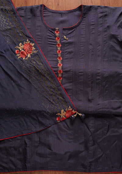Navy Blue Threadwork Semi Crepe Designer Semi-Stitched Salwar Suit - koskii
