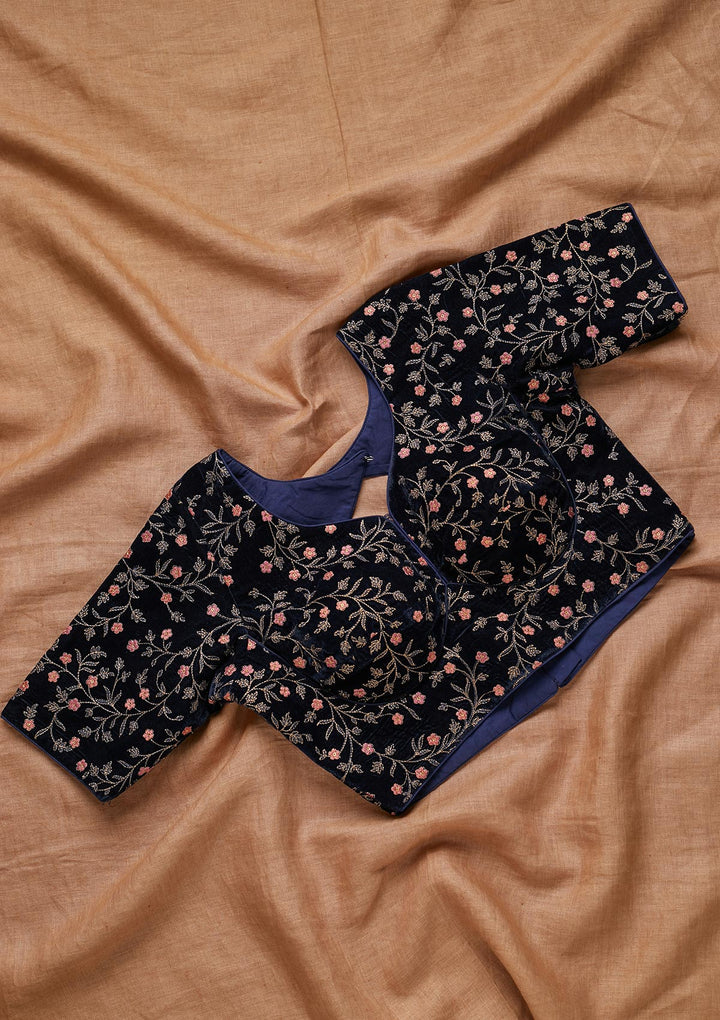 Navy Blue Threadwork Velvet Blouse- Koskii