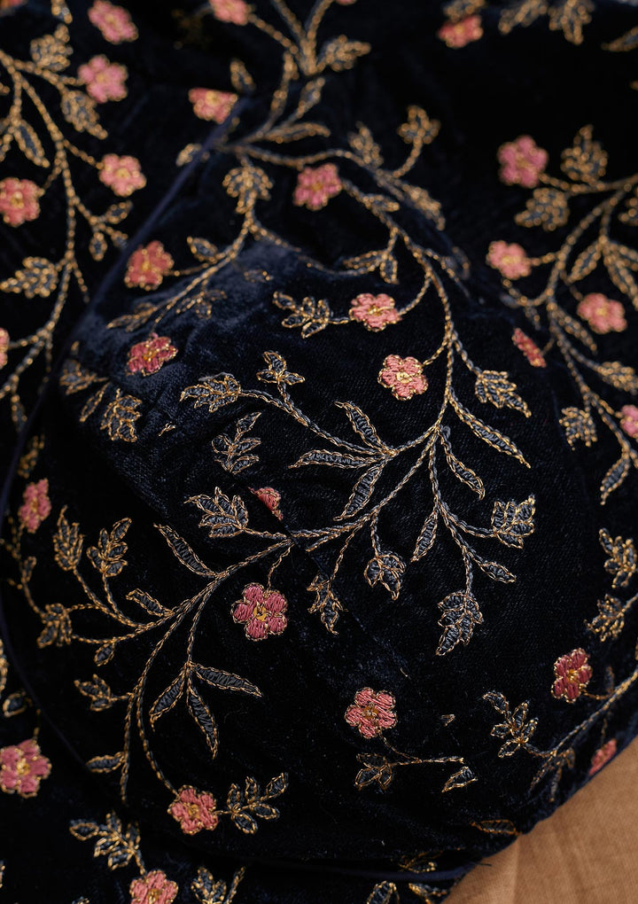Navy Blue Threadwork Velvet Blouse - Koskii