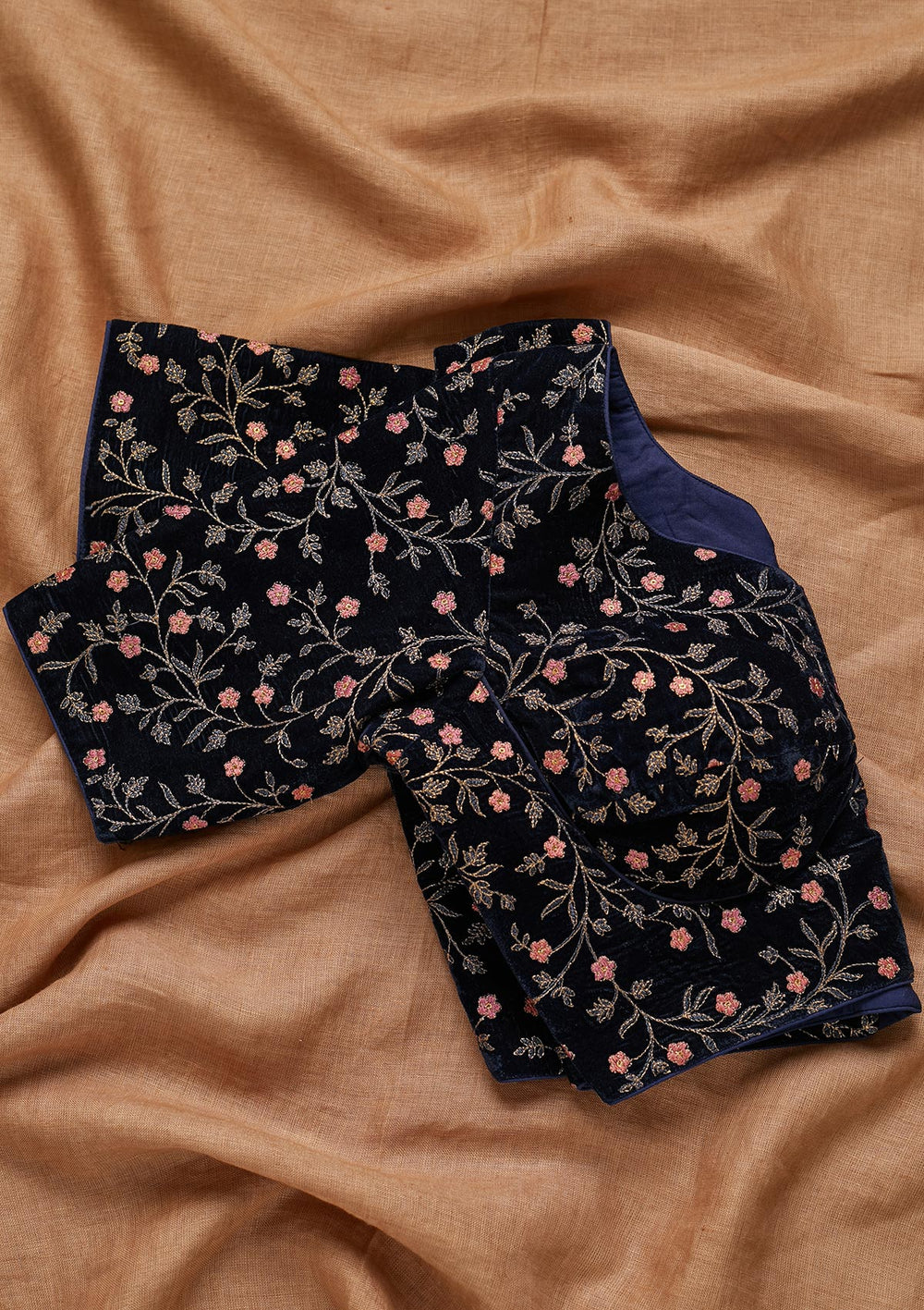 Navy Blue Threadwork Velvet Blouse - Koskii