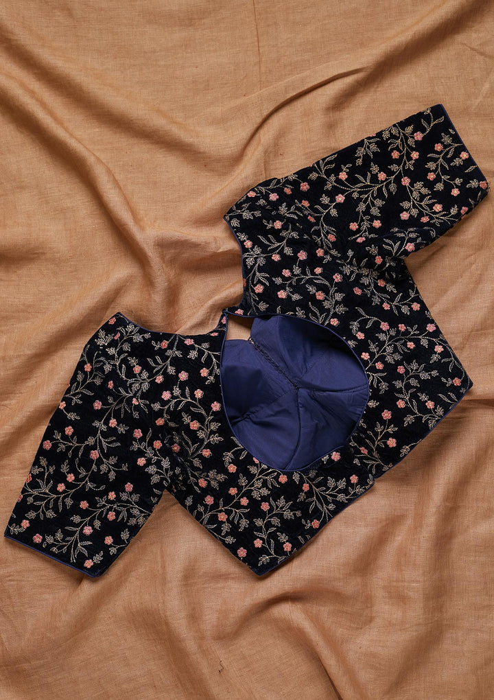 Navy Blue Threadwork Velvet Blouse - Koskii