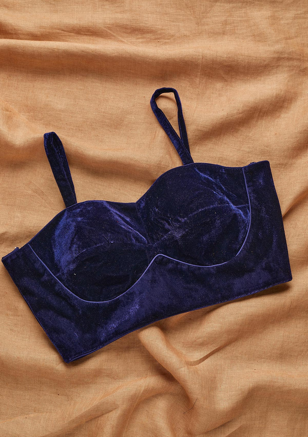 Navy Blue Solid Velvet Blouse- Koskii