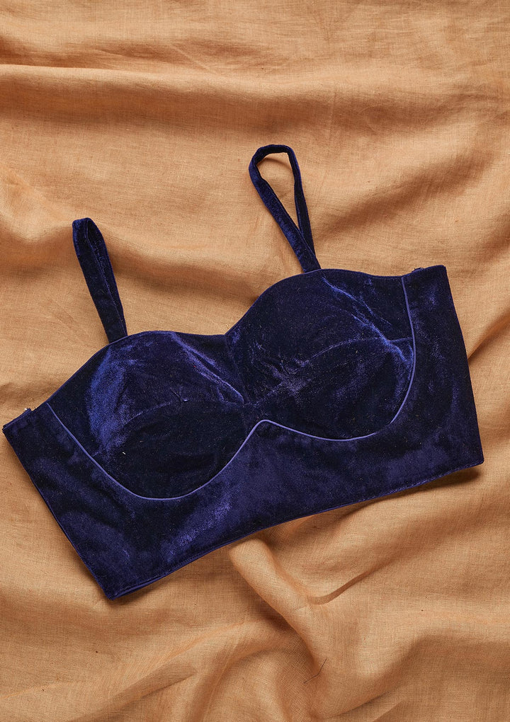 Navy Blue Solid Velvet Blouse- Koskii