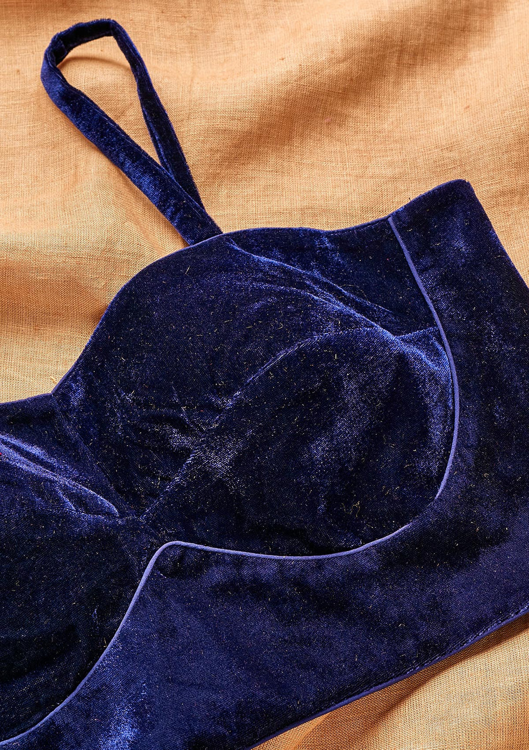 Navy Blue Solid Velvet Blouse - Koskii