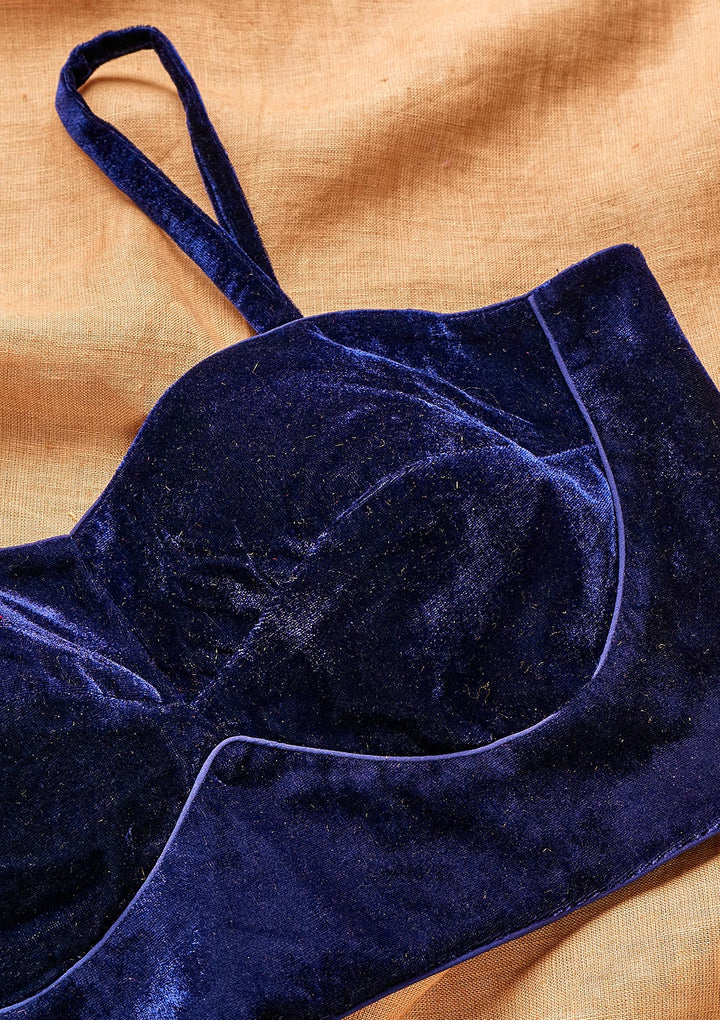 Navy Blue Solid Velvet Blouse - Koskii