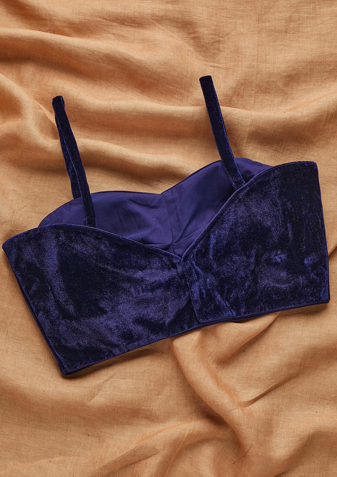 Navy Blue Solid Velvet Blouse - Koskii