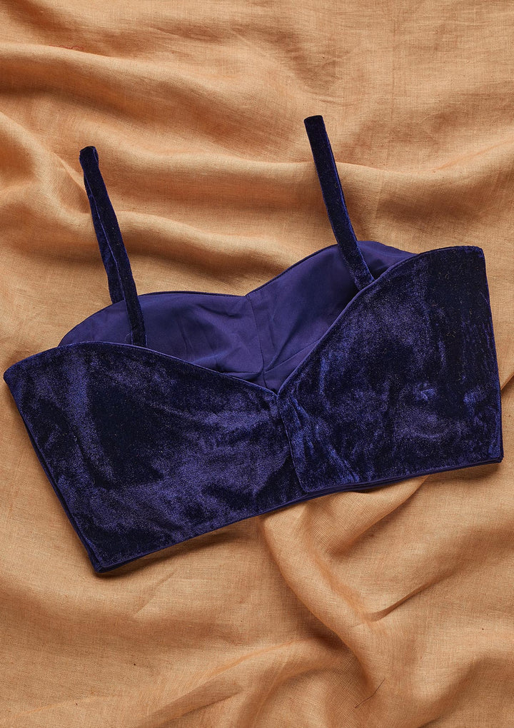Navy Blue Solid Velvet Blouse - Koskii