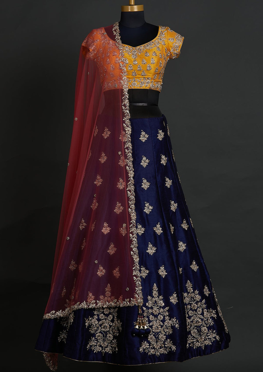 Navy Blue Zardosi Raw Silk Designer Lehenga - koskii