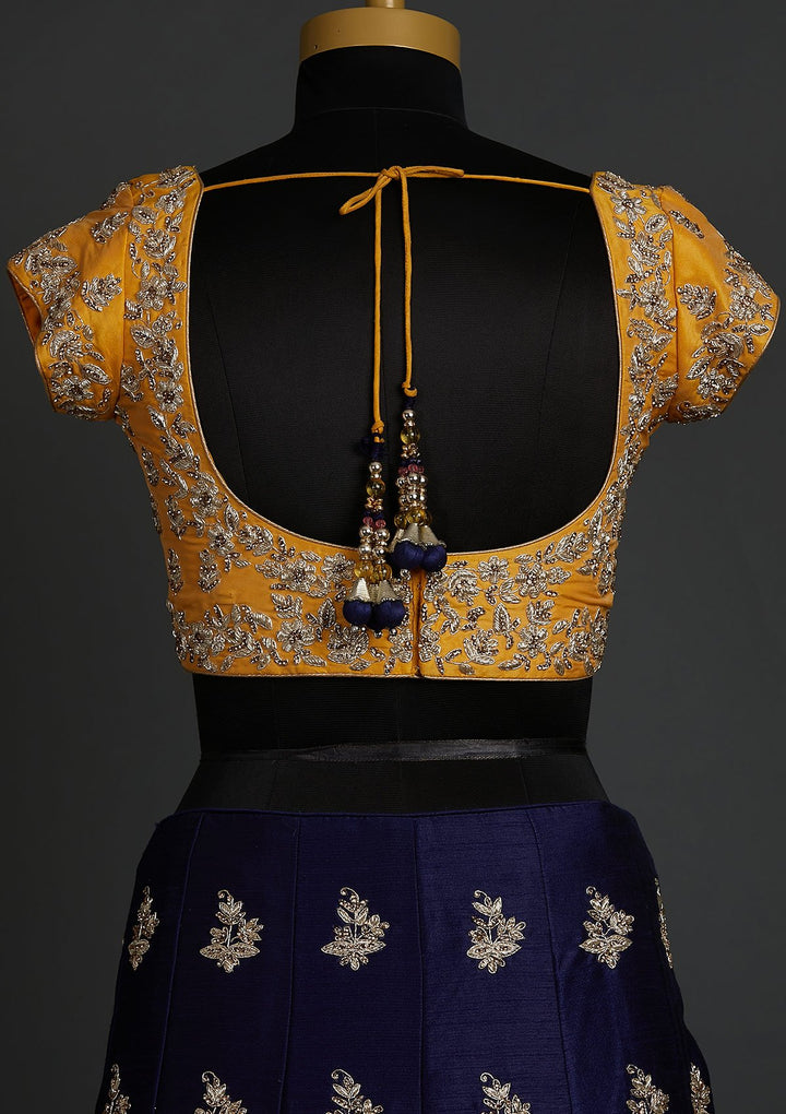 Navy Blue Zardosi Raw Silk Designer Lehenga - koskii