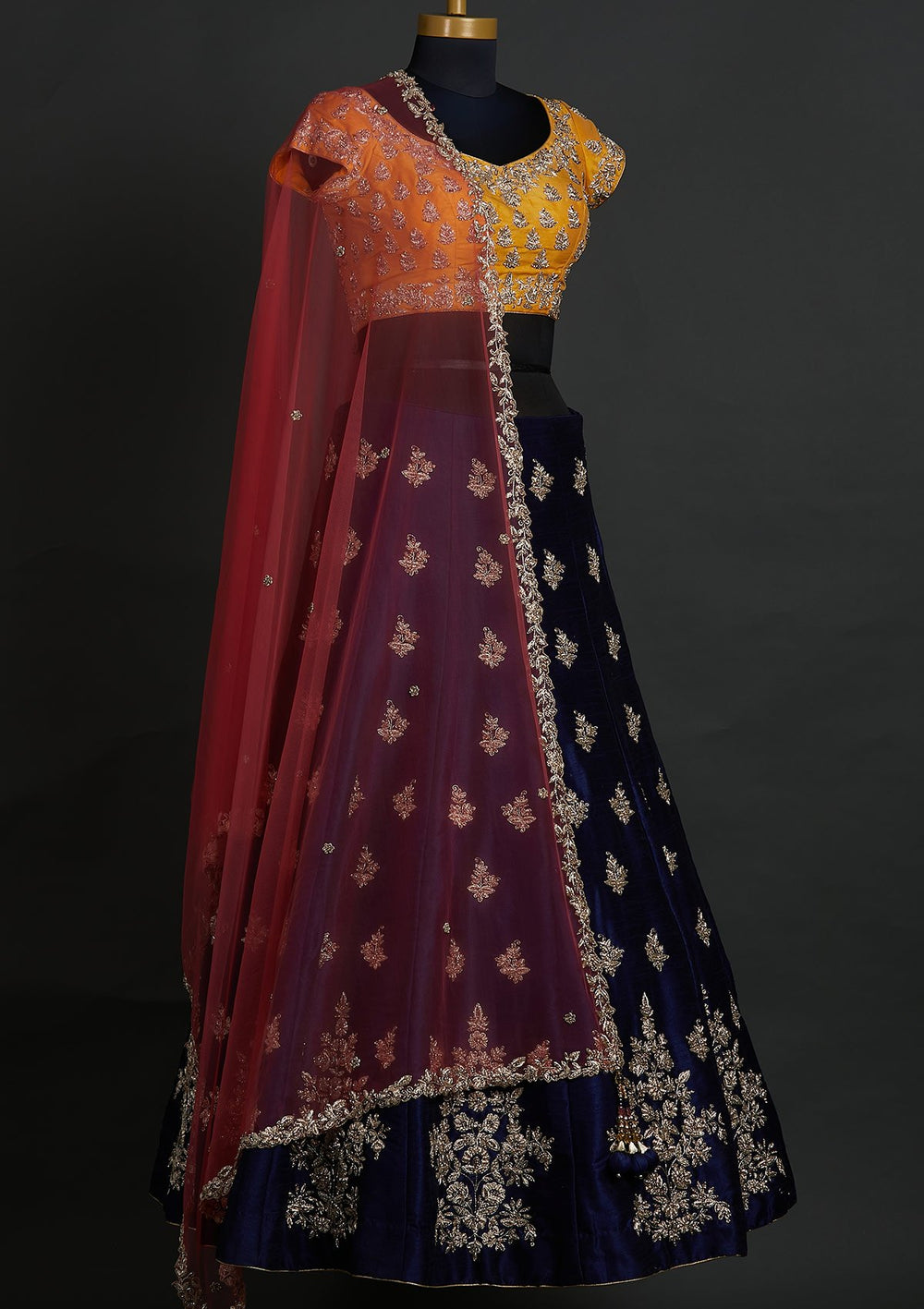 Navy Blue Zardosi Raw Silk Designer Lehenga - koskii