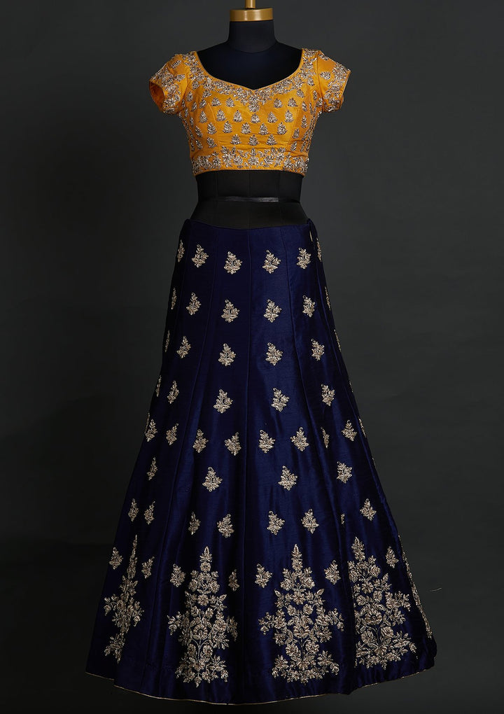 Navy Blue Zardosi Raw Silk Designer Lehenga - koskii