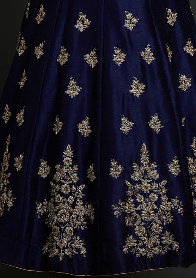 Navy Blue Zardosi Raw Silk Designer Lehenga - koskii