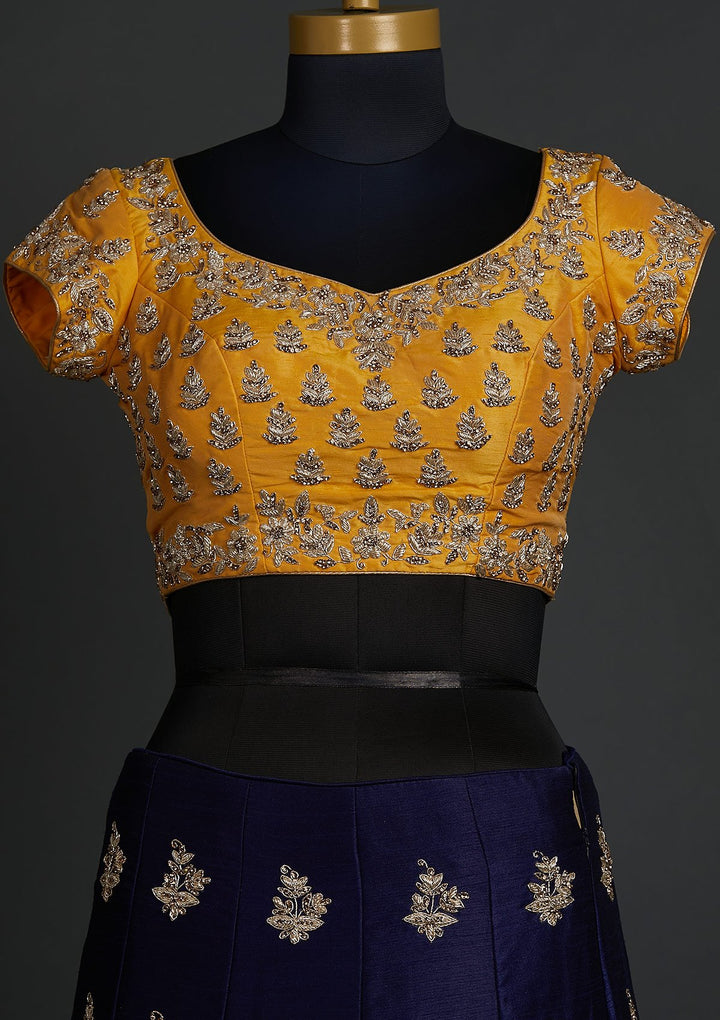 Navy Blue Zardosi Raw Silk Designer Lehenga - koskii
