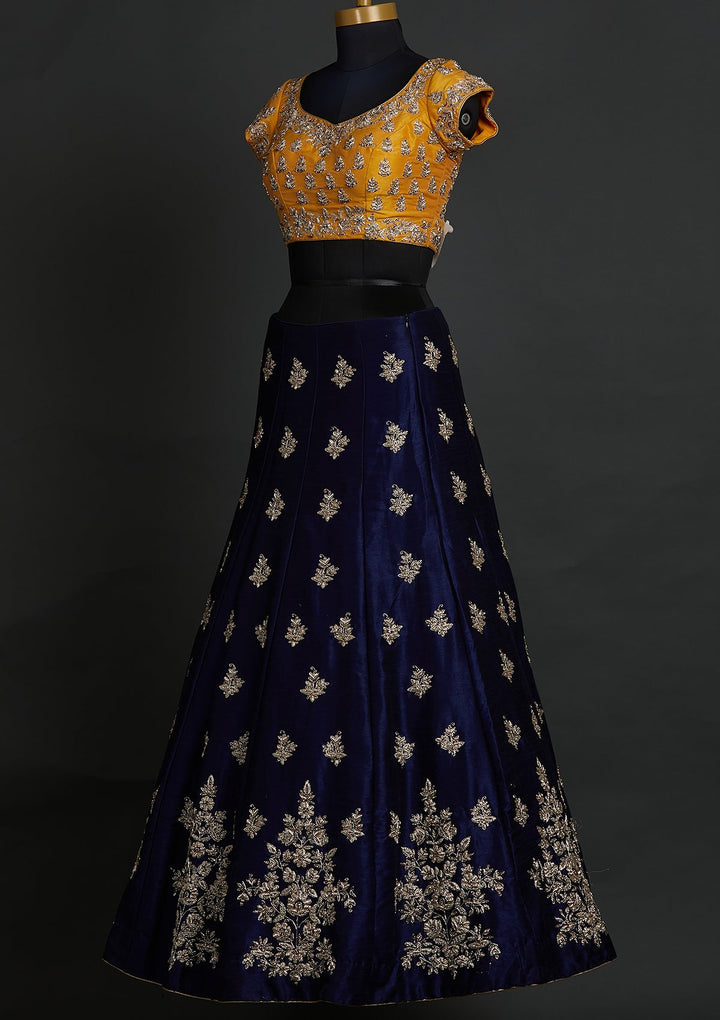 Navy Blue Zardosi Raw Silk Designer Lehenga - koskii