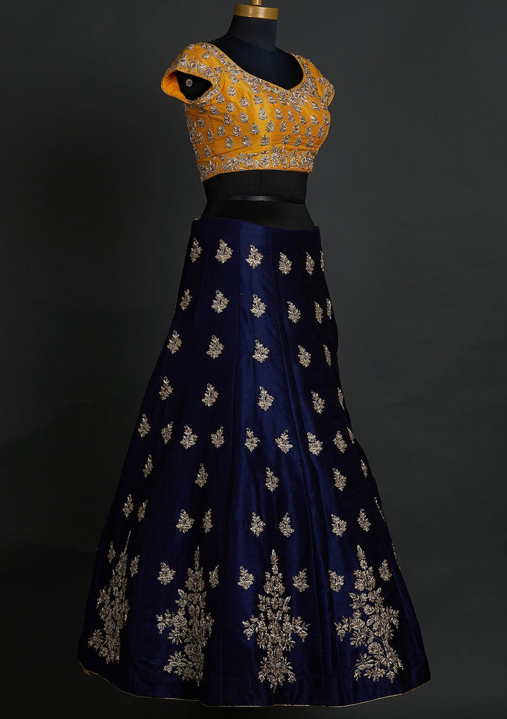 Navy Blue Zardosi Raw Silk Designer Lehenga - koskii