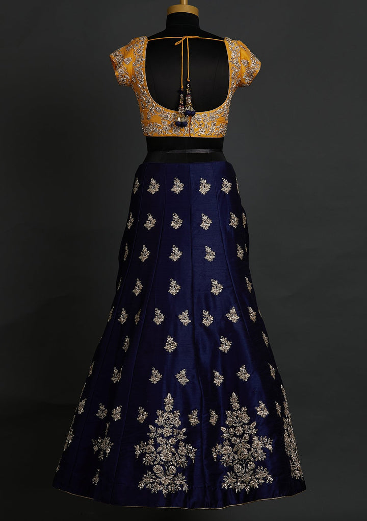 Navy Blue Zardosi Raw Silk Designer Lehenga - koskii