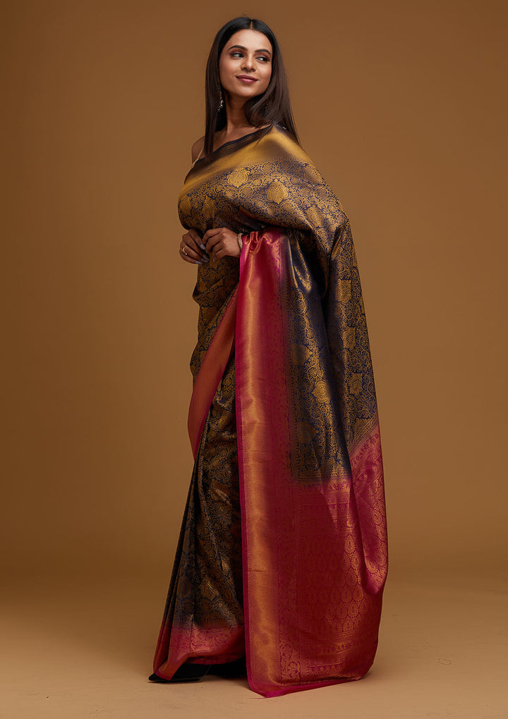Navy Blue Zariwork Art Silk Designer Saree - Koskii