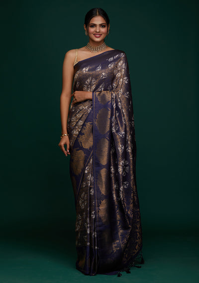 Navy Blue Zariwork Art Silk Designer Saree - Koskii