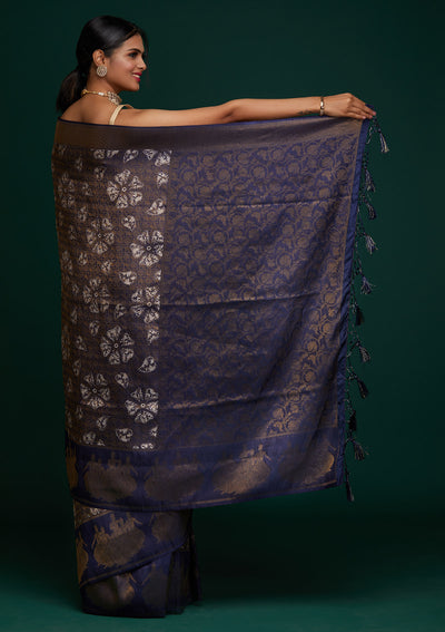 Navy Blue Zariwork Art Silk Designer Saree - Koskii