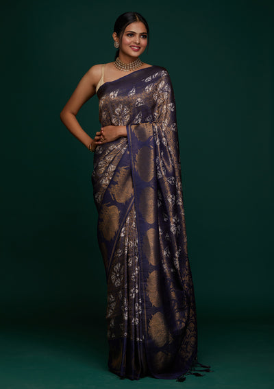 Navy Blue Zariwork Art Silk Designer Saree - Koskii