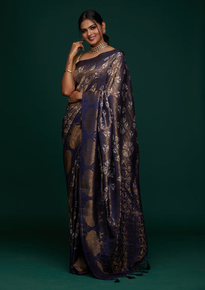 Navy Blue Zariwork Art Silk Designer Saree - Koskii