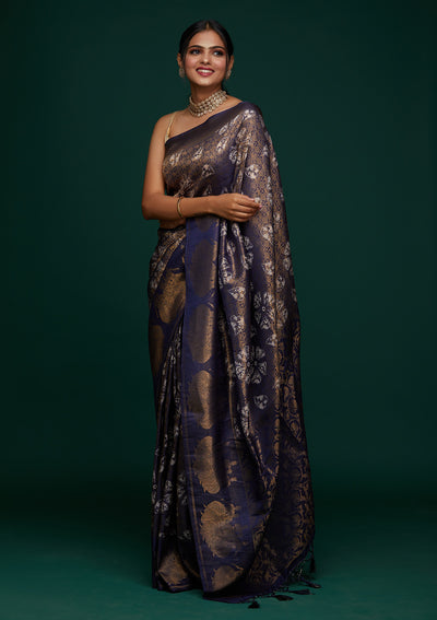 Navy Blue Zariwork Art Silk Designer Saree - Koskii