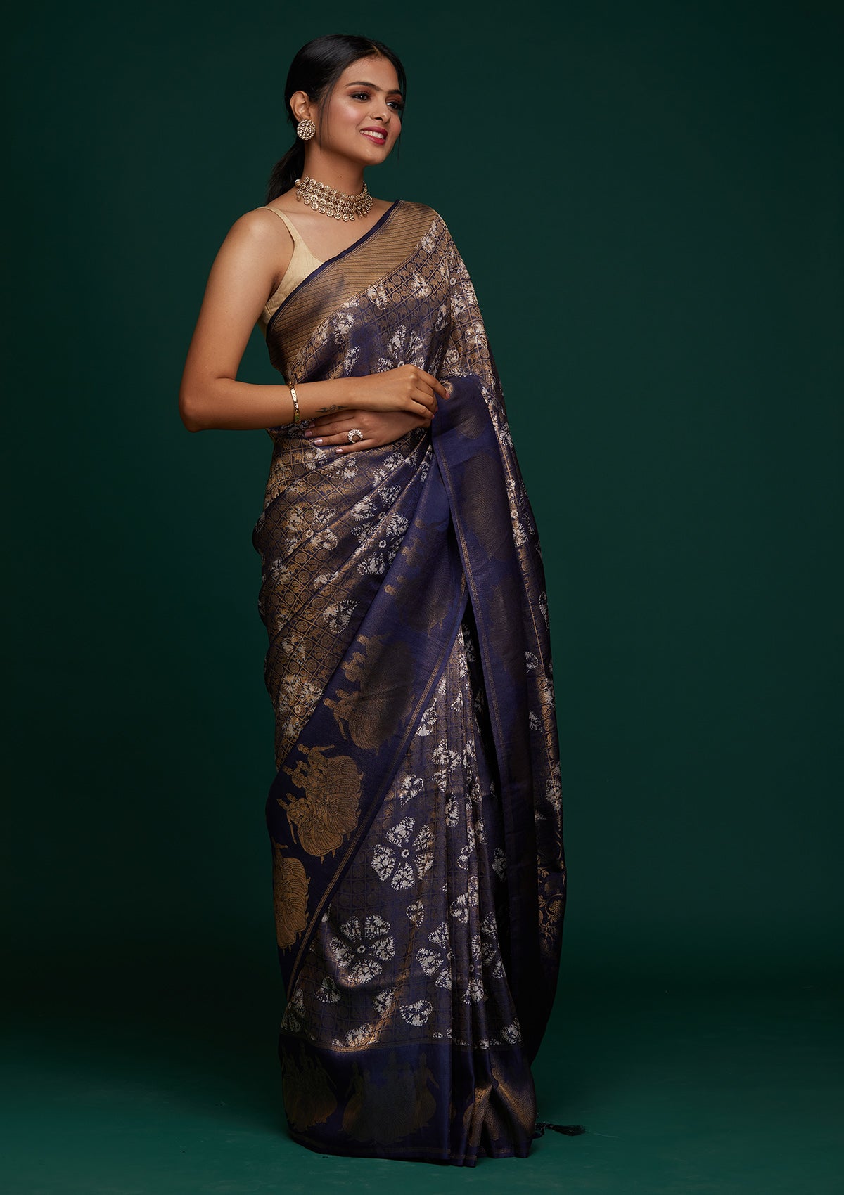 Navy Blue Zariwork Art Silk Designer Saree - Koskii