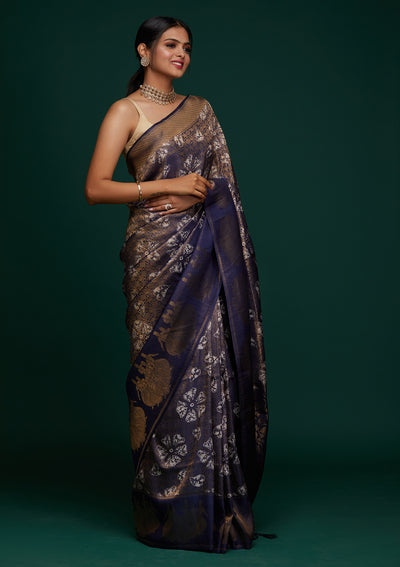 Navy Blue Zariwork Art Silk Designer Saree - Koskii