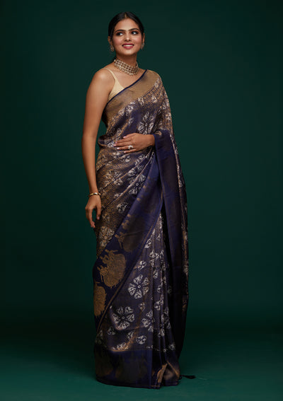 Navy Blue Zariwork Art Silk Designer Saree - Koskii