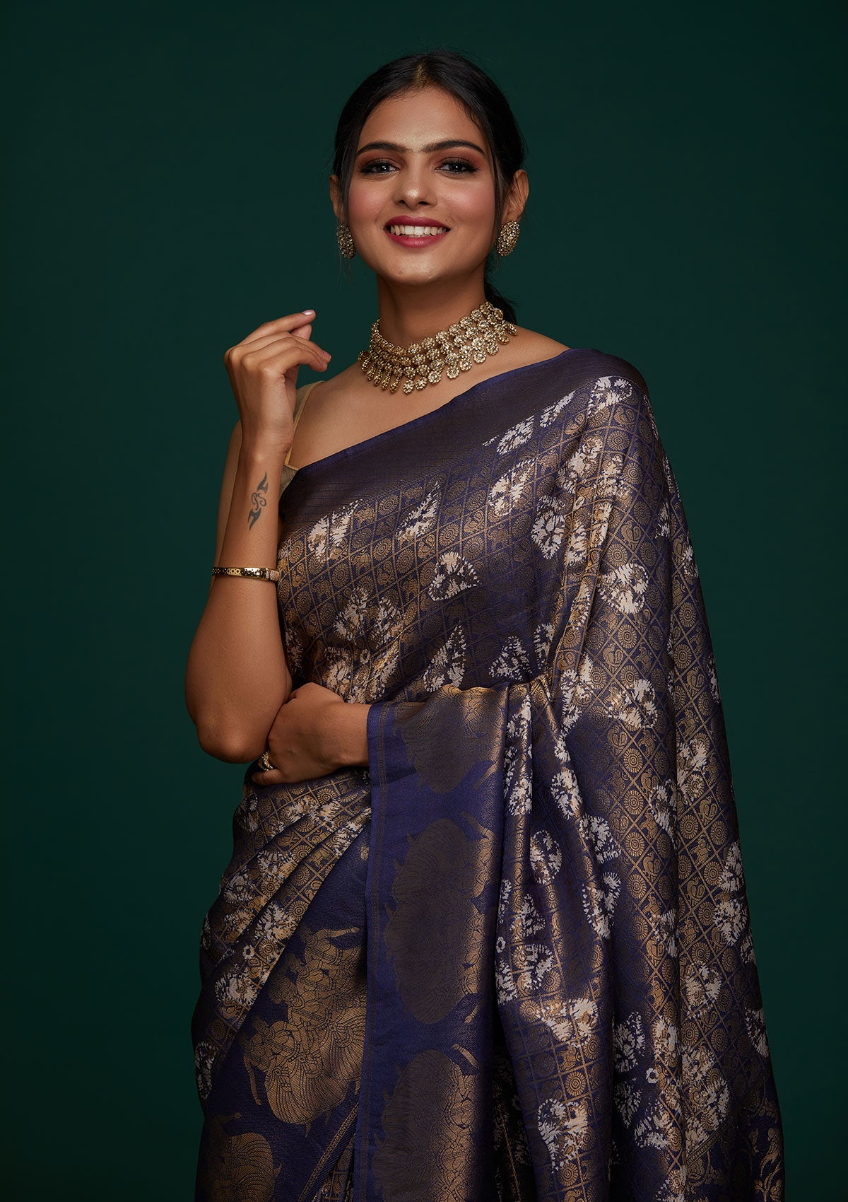 Navy Blue Zariwork Art Silk Designer Saree - Koskii