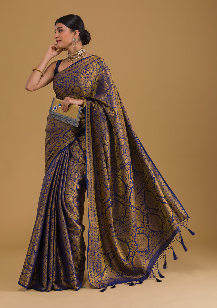 Navy Blue Zariwork Art Silk Designer Saree-Koskii
