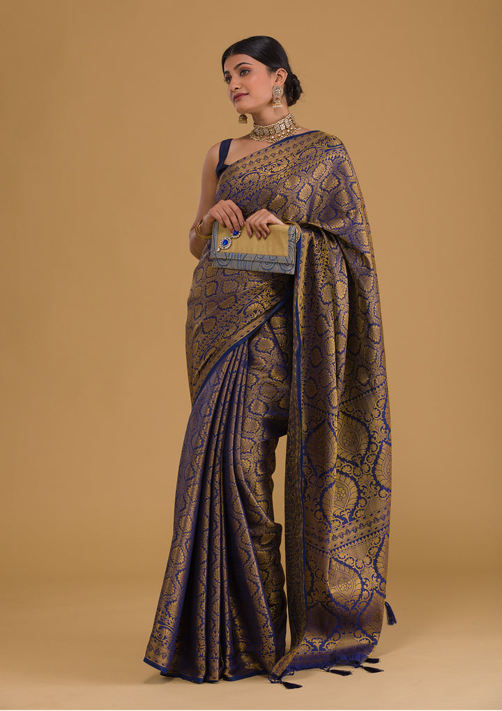 Navy Blue Zariwork Art Silk Designer Saree-Koskii