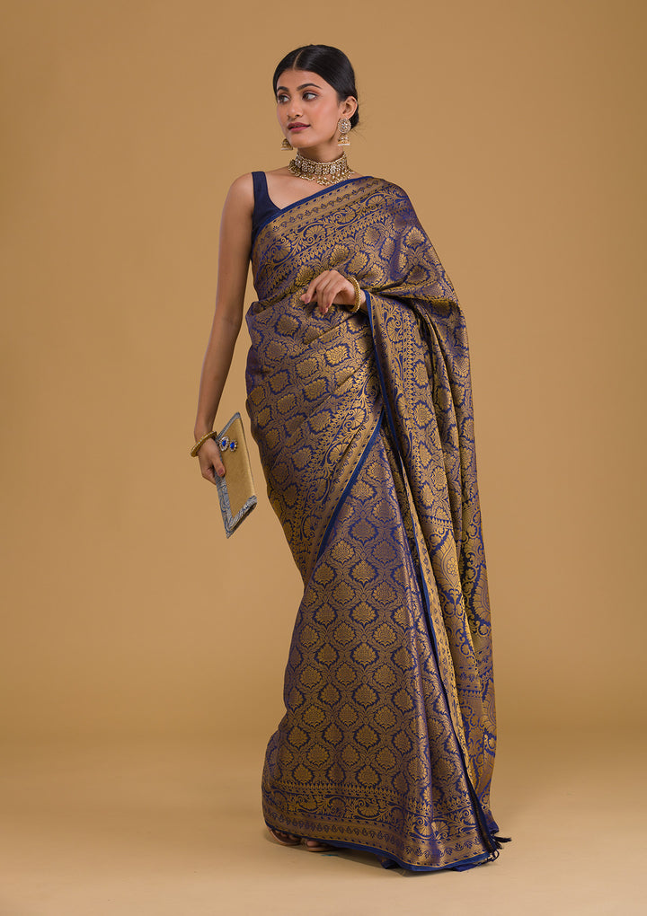 Navy Blue Zariwork Art Silk Designer Saree-Koskii