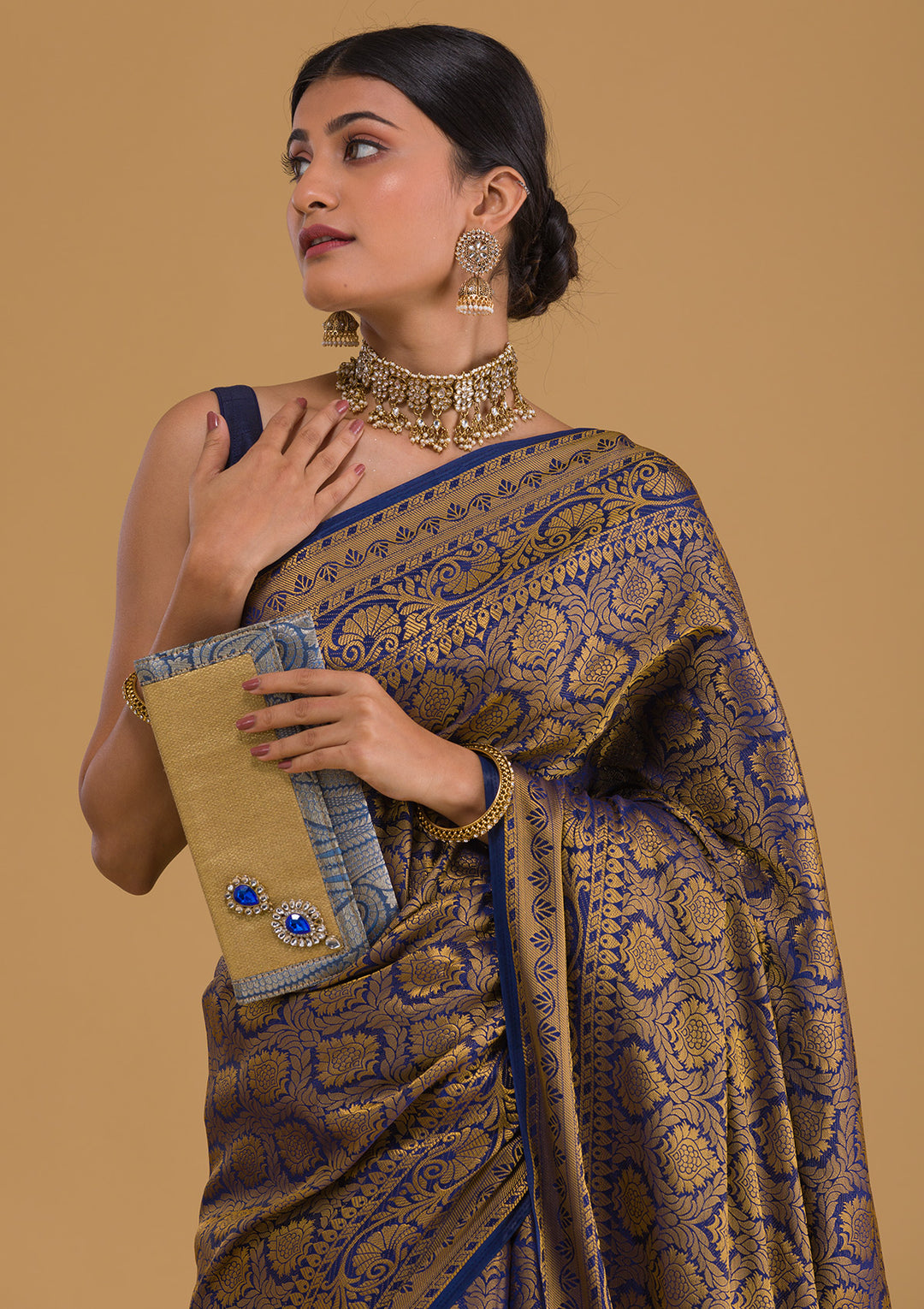 Navy Blue Zariwork Art Silk Designer Saree-Koskii