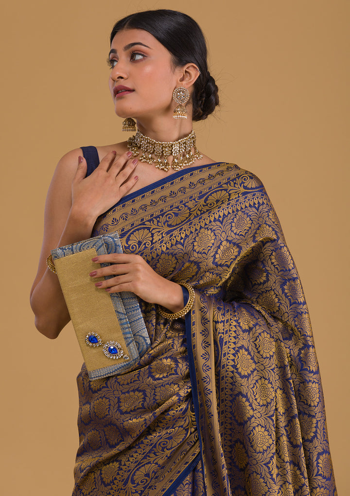 Navy Blue Zariwork Art Silk Designer Saree-Koskii